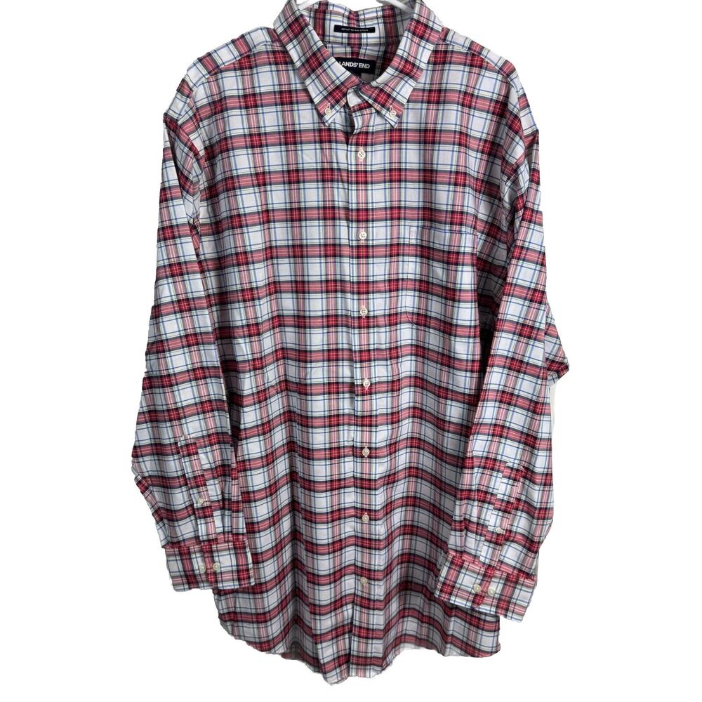 LANDS END LONG SLEEVE SHIRT‎ Red Plaid SUPIMA NO IRON OXFORD 19-37 T TRADITIONAL
